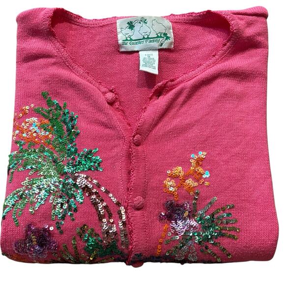 Quacker Factory Pink Ocean Sailboat Palm Tree Sequined Cardigan Sweater 1X* - Picture 5 of 7